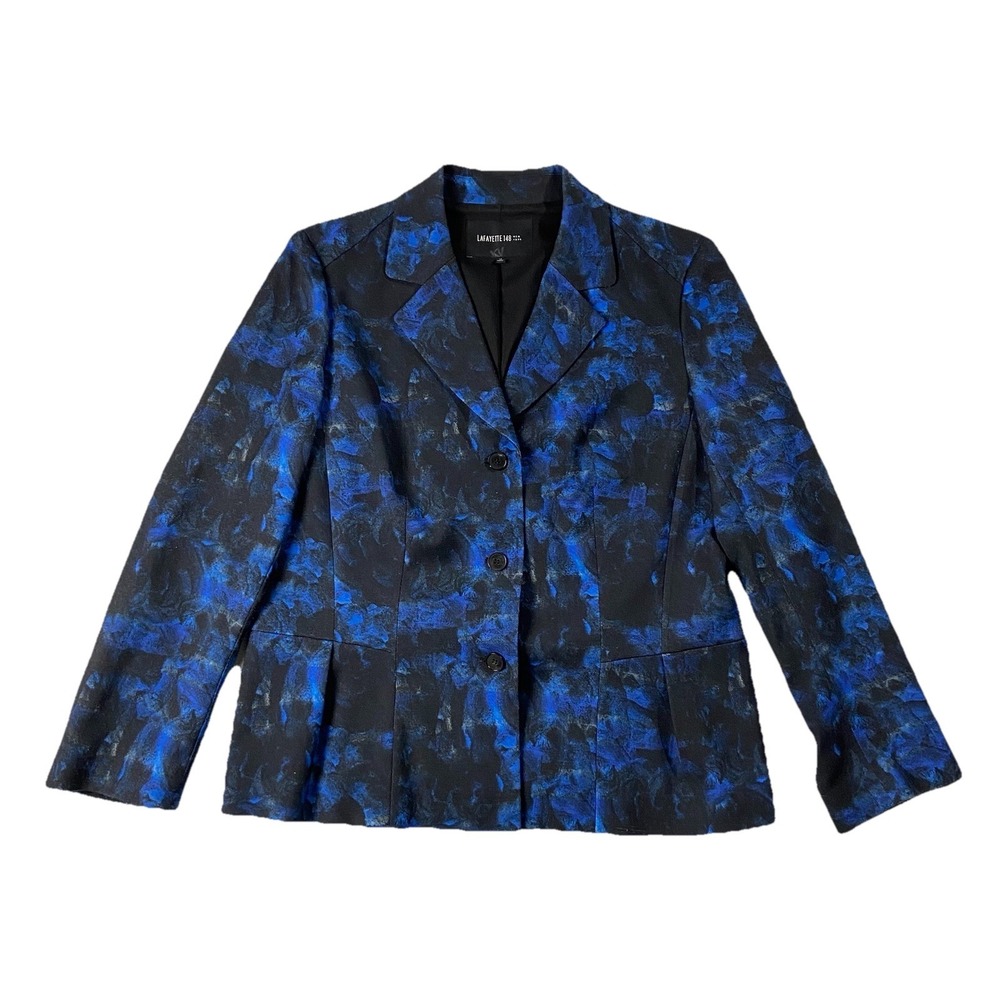 Lafayette 148 Wool Blend Blazer Pleated Detail Blue Multi Women 12 Corporatecore